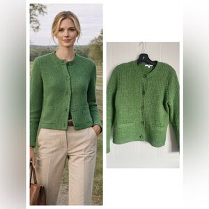 Green Knit Cardigan Jacket L Textured Preppy Classic Quiet Luxury Layering